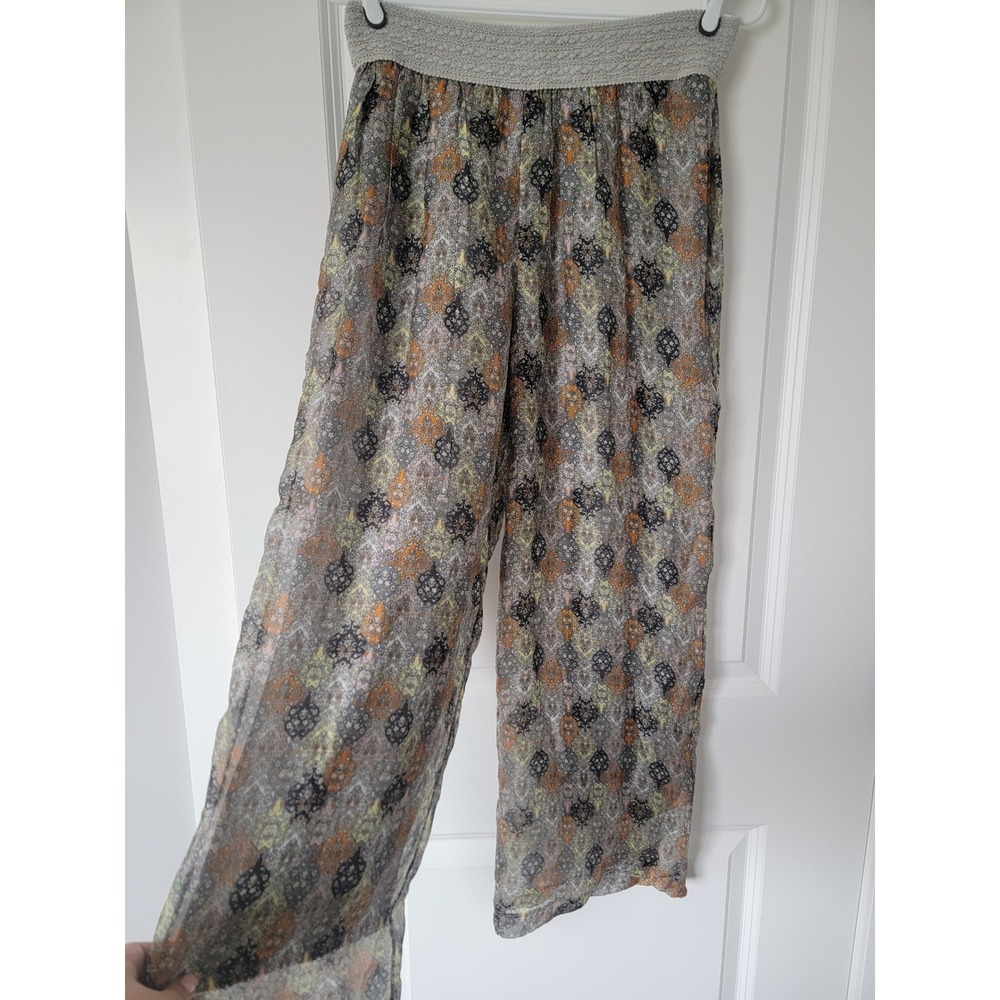Made in Italy Silk Blend Wide Leg Smocked Waist Paisley Boho Pants Grey Orange M